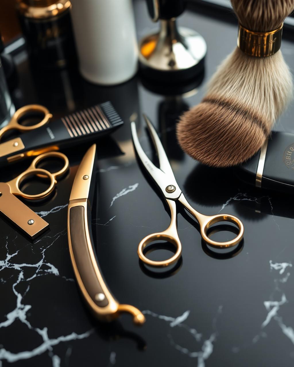 Gold luxury salon tools on black marble