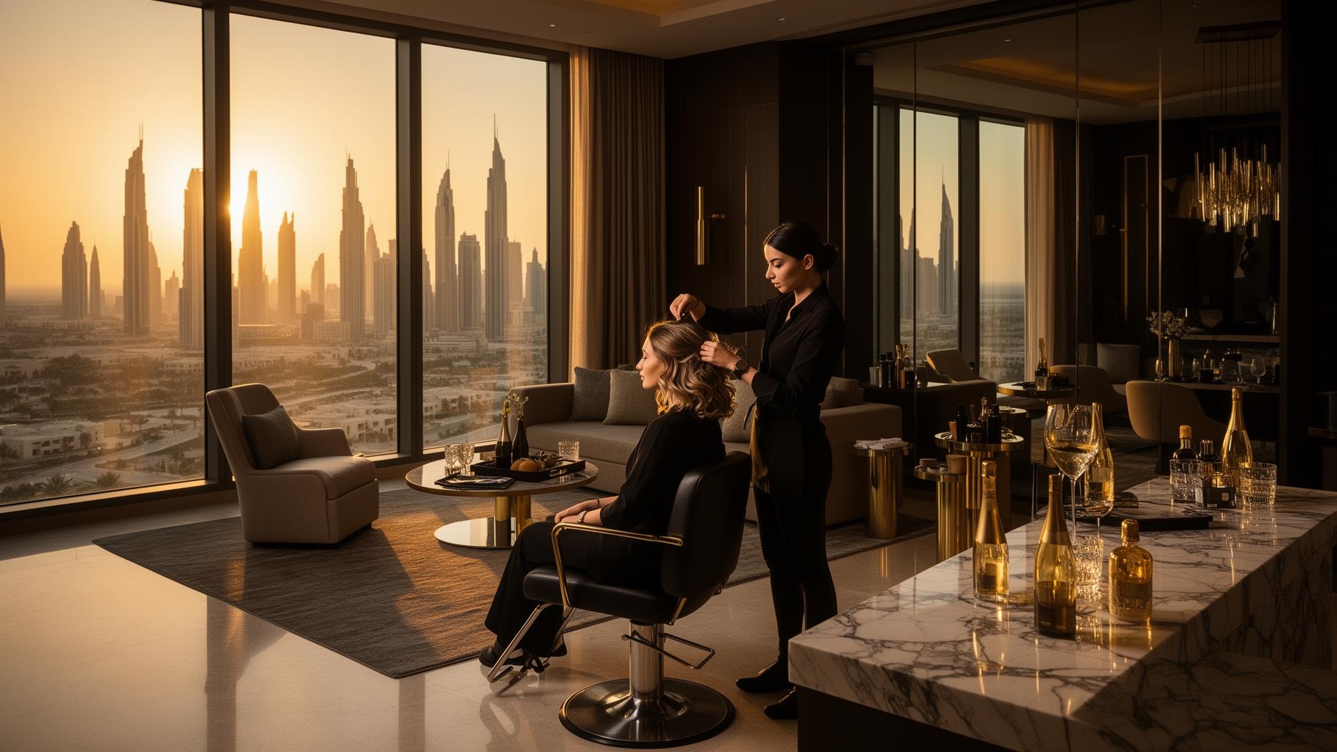 Luxury home salon service with Dubai skyline at golden hour